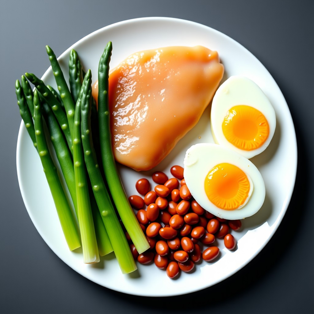 A top-down food photography of a balanced meal including chicken breast, eggs, beans, and fresh green vegetables. Vibrant colors, high contrast, clean white plate on a slate background, representing natural amino acid sources. 4:3