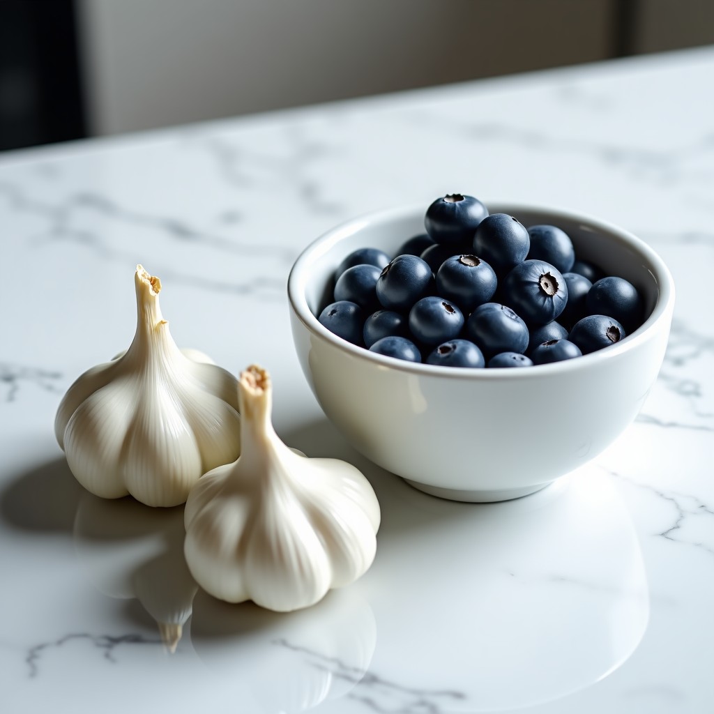 Fresh garlic bulbs and a bowl of ripe blueberries on a white marble kitchen counter, clean and modern setup, high contrast, 4:3
