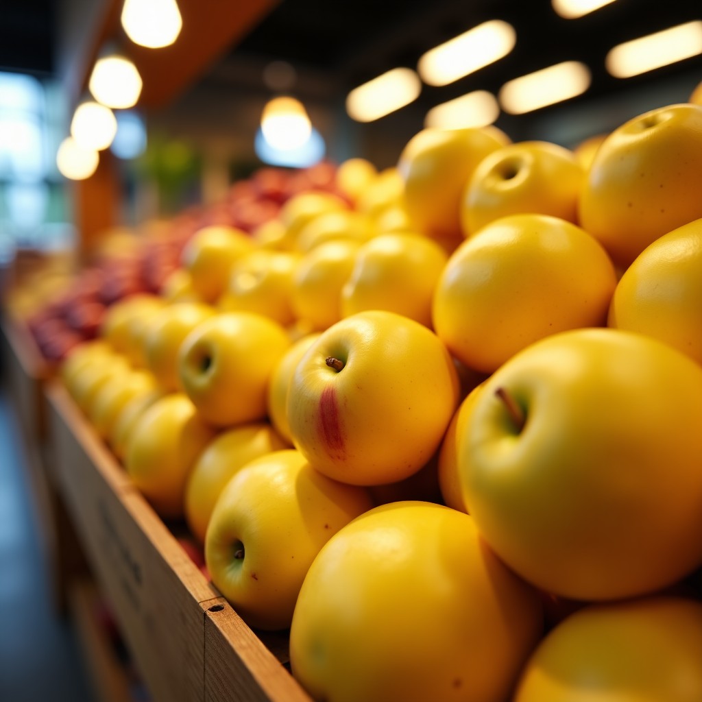 A close up shot of premium golden apples and organic bananas displayed in a grocery store. The fruits are arranged neatly in wooden crates, looking fresh and appetizing. Warm lifestyle photography lighting. 4:3