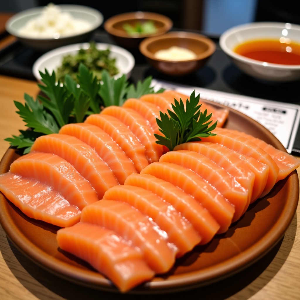 A delicious spread of fresh trout sashimi with vibrant orange color served on a wooden platter. Side dishes like perilla leaves and dipping sauces on a table in a cozy restaurant. 4:3