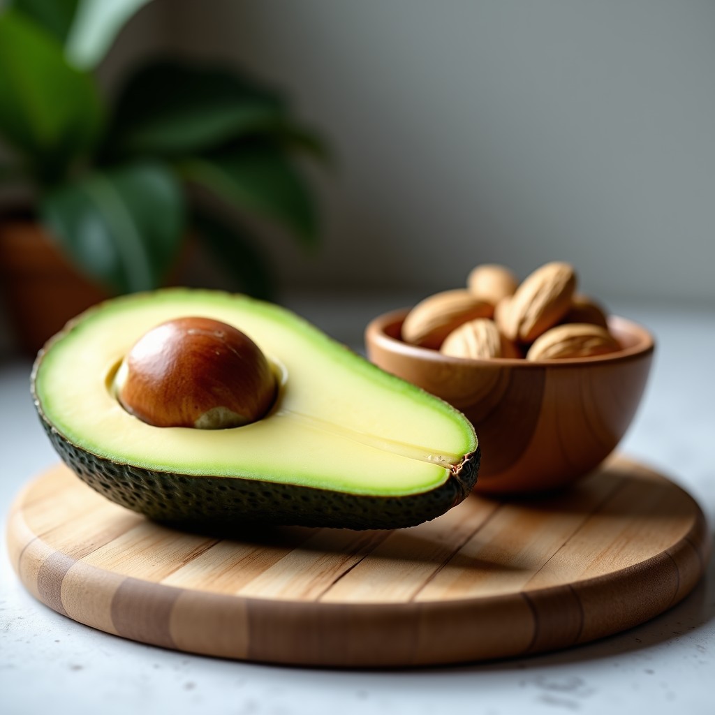Sliced ripe avocado on a cutting board next to a small wooden bowl filled with walnuts and almonds. Modern lifestyle photography with soft lighting. 4:3