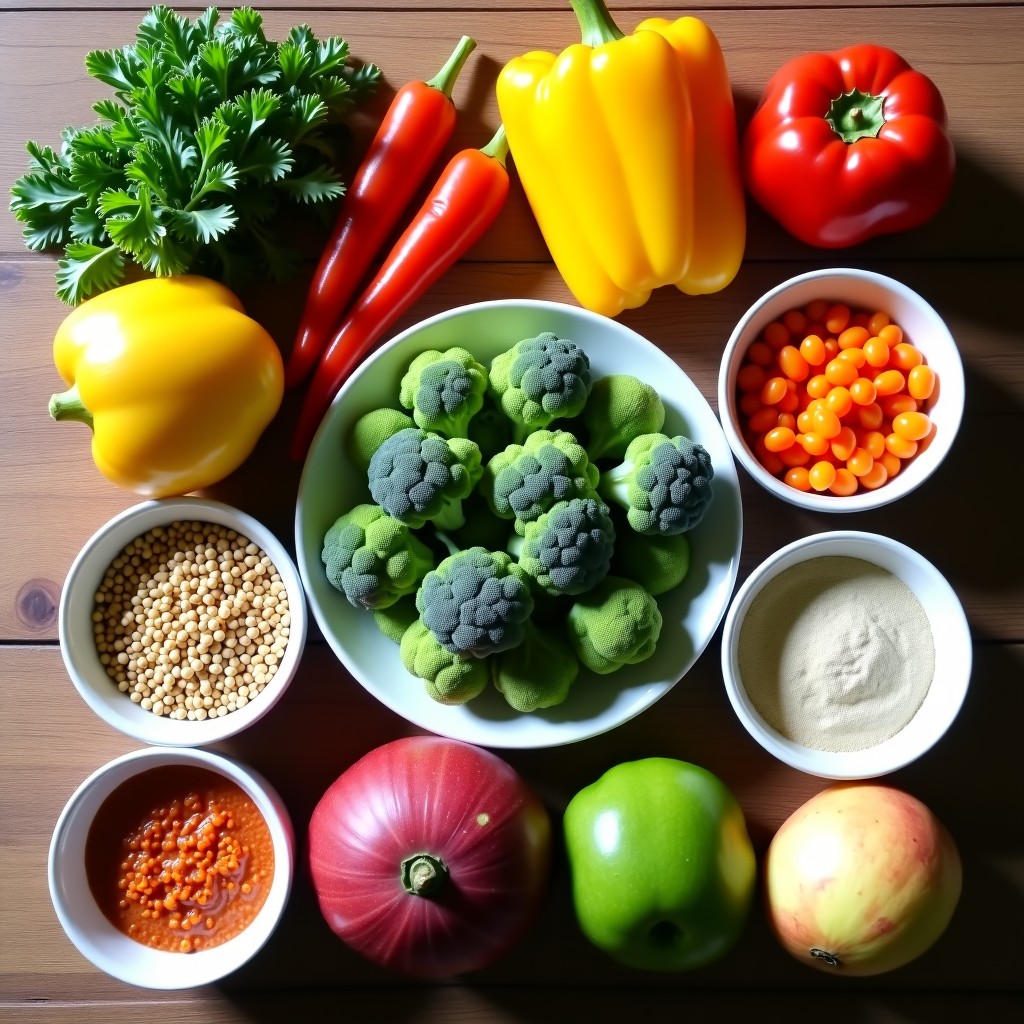 A top-down view of a healthy meal featuring colorful fresh vegetables, broccoli, whole grains, and fruits on a wooden table, vibrant colors, clean layout, 4:3