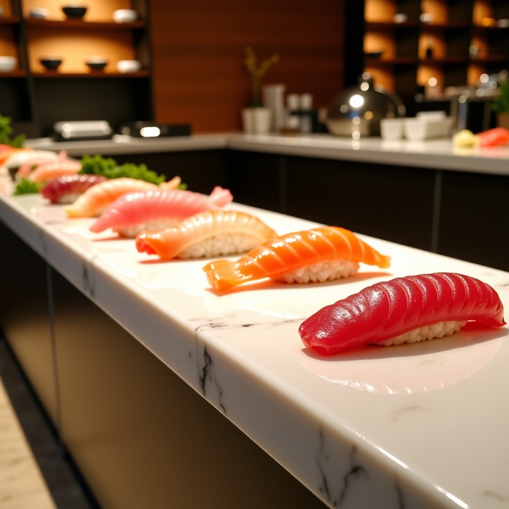 A wide variety of fresh sushi and seafood displayed on a long, modern buffet marble counter in a high-end premium restaurant. Bright lighting, clean and luxurious atmosphere with wooden accents. Professional photography style, 4:3