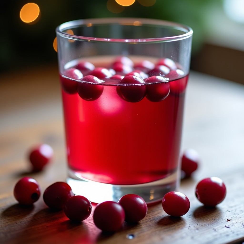 A close-up of a glass of red cranberry juice and scattered fresh cranberries on a rustic wooden table, soft natural light, 4:3