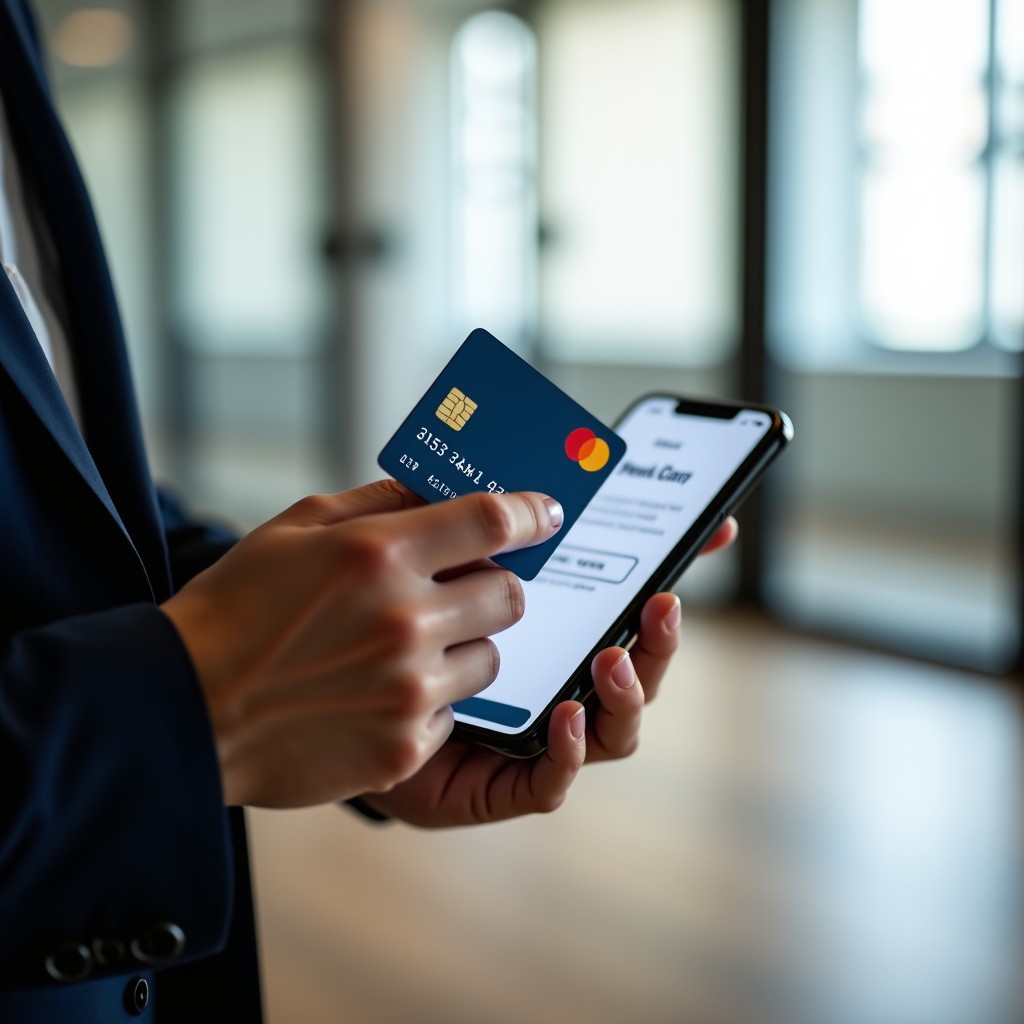 A high-quality lifestyle photo showing a person holding a credit card over a smartphone with a banking app open. The background shows a soft-focused modern office space. High contrast and clean composition. 1:1