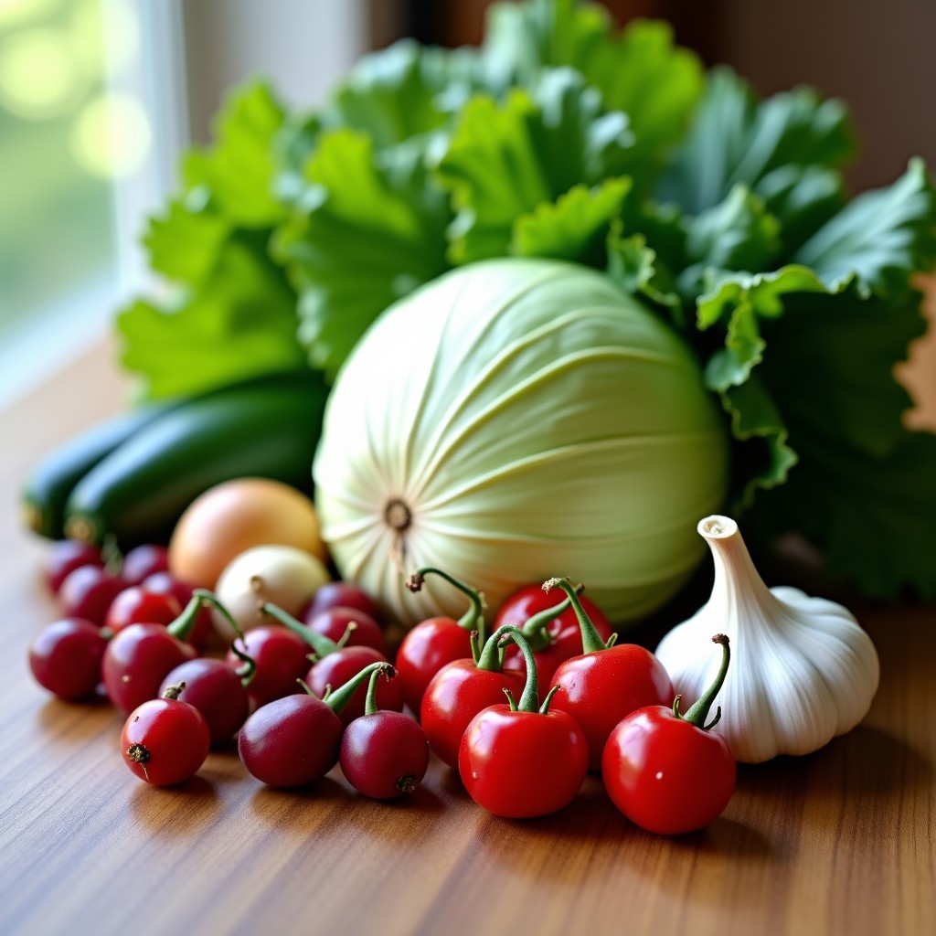 A variety of fresh vegetables and fruits like cabbage, garlic, and berries arranged on a clean wooden table, bright and natural sunlight, high-quality photography, 4:3