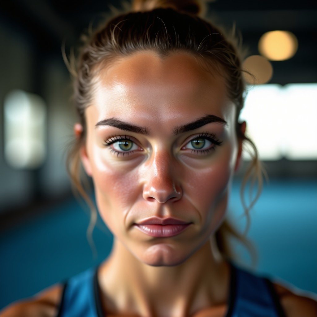 A close-up shot of a female athlete with a determined and focused facial expression. Her eyes show resilience. The lighting is cinematic with a touch of warmth. Background is a blurred sports training facility. 1:1