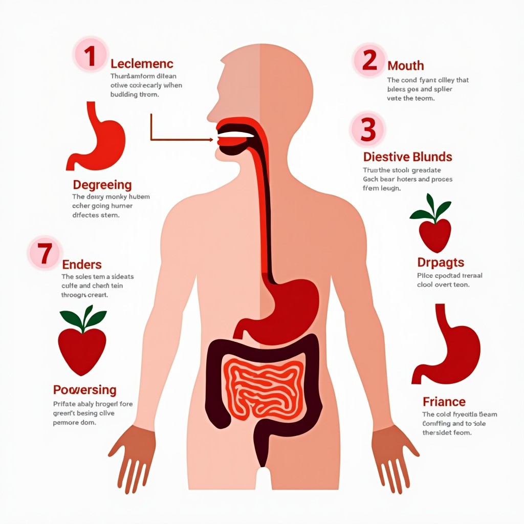 A clean and modern infographic showing the human digestive system from mouth to stomach, bright and informational layout, no text, high contrast, 1:1