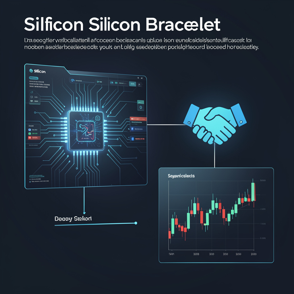 A modern infographic explaining the concept of Silicon Bracelet, featuring a sleek digital interface with a chip design, a handshake symbol, and a stock chart, 4:3