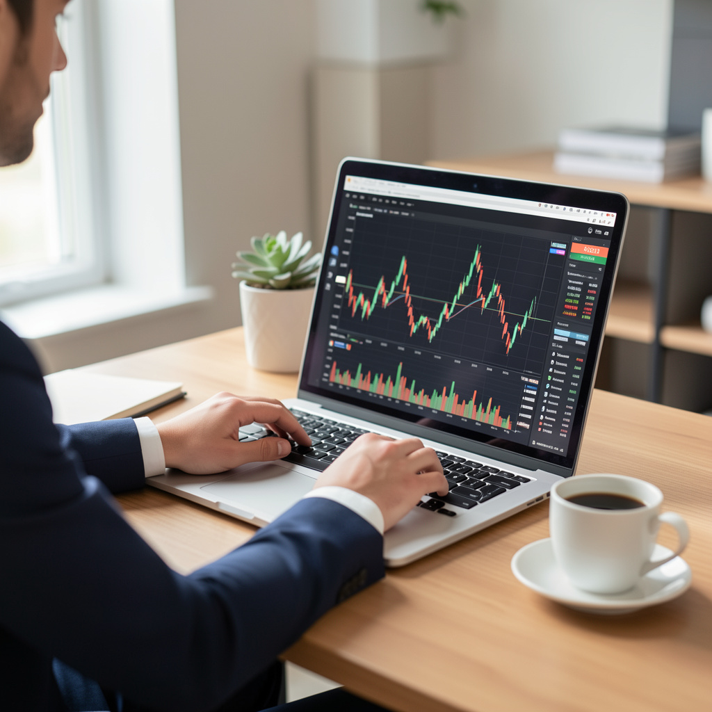 A lifestyle photo showing a professional working at a desk with a laptop, a stock chart on the screen, and a coffee cup, 4:3