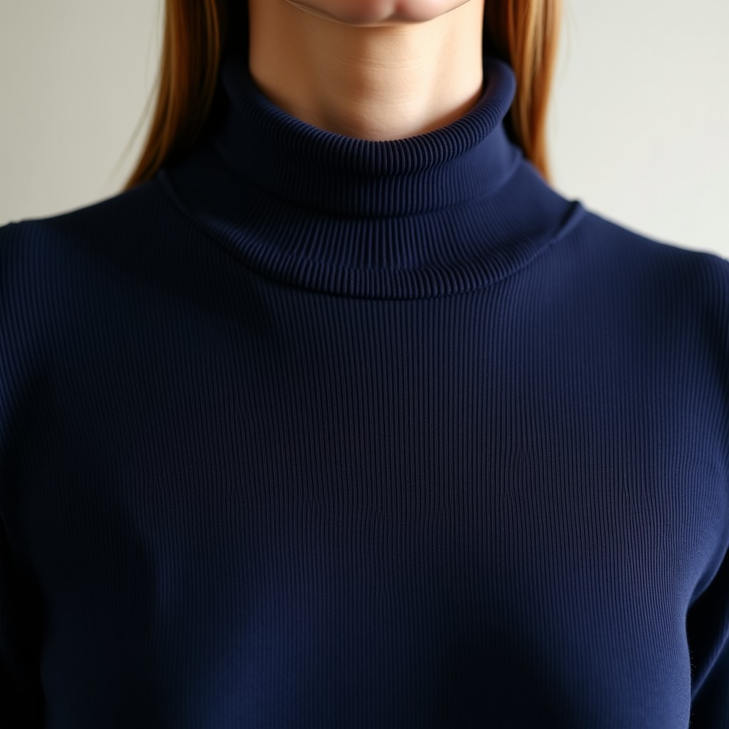 Close up of a navy blue silk blend knit sweater featuring a fine ribbed texture and a neat double collar, natural morning light, soft and luxurious feel, 4:3