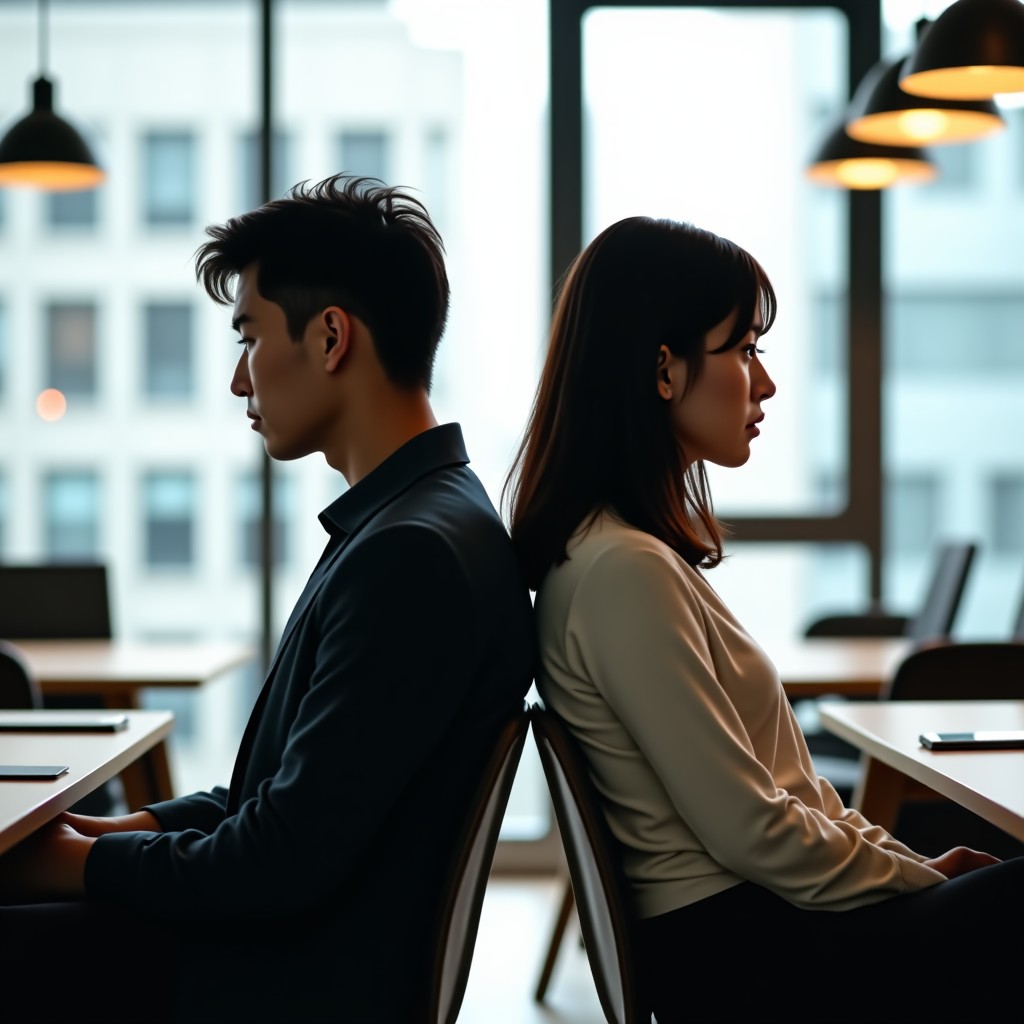 A Korean man and woman sitting back to back in a modern office or cafe setting, looking thoughtful and slightly stressed. The atmosphere is contemplative with soft, natural lighting. High quality photography style. 1:1