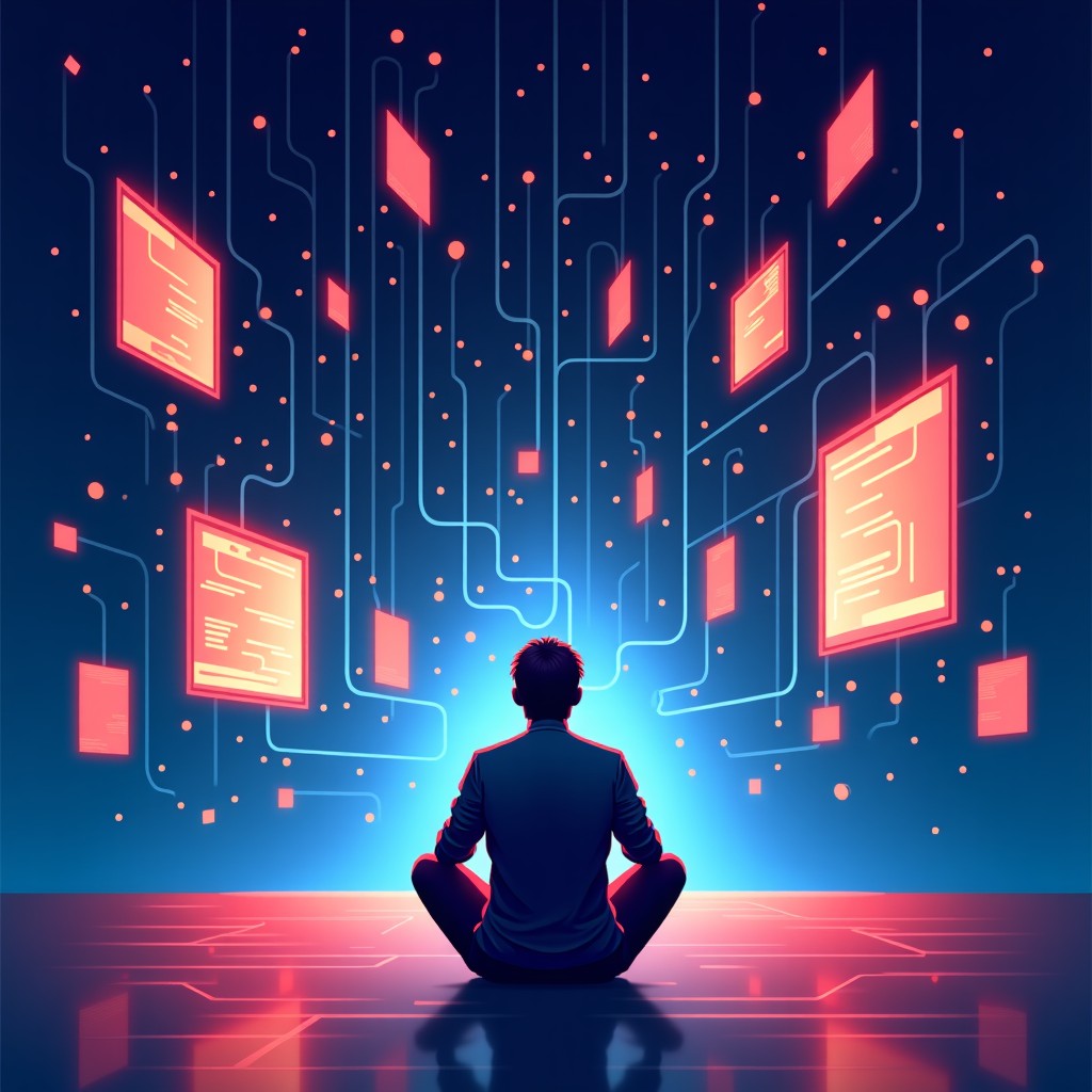 A high-contrast infographic style illustration showing a person sitting alone in a digital world, surrounded by glowing screens and abstract neural patterns. The mood is contemplative and serious. Modern layout, vibrant but professional colors. No text. 1:1