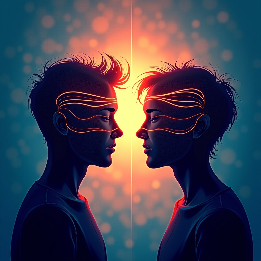A conceptual illustration of human emotions represented by glowing lines and soft waves of color. Two silhouettes of heads facing each other with digital light connecting them. Artistic and textured background, 4:3