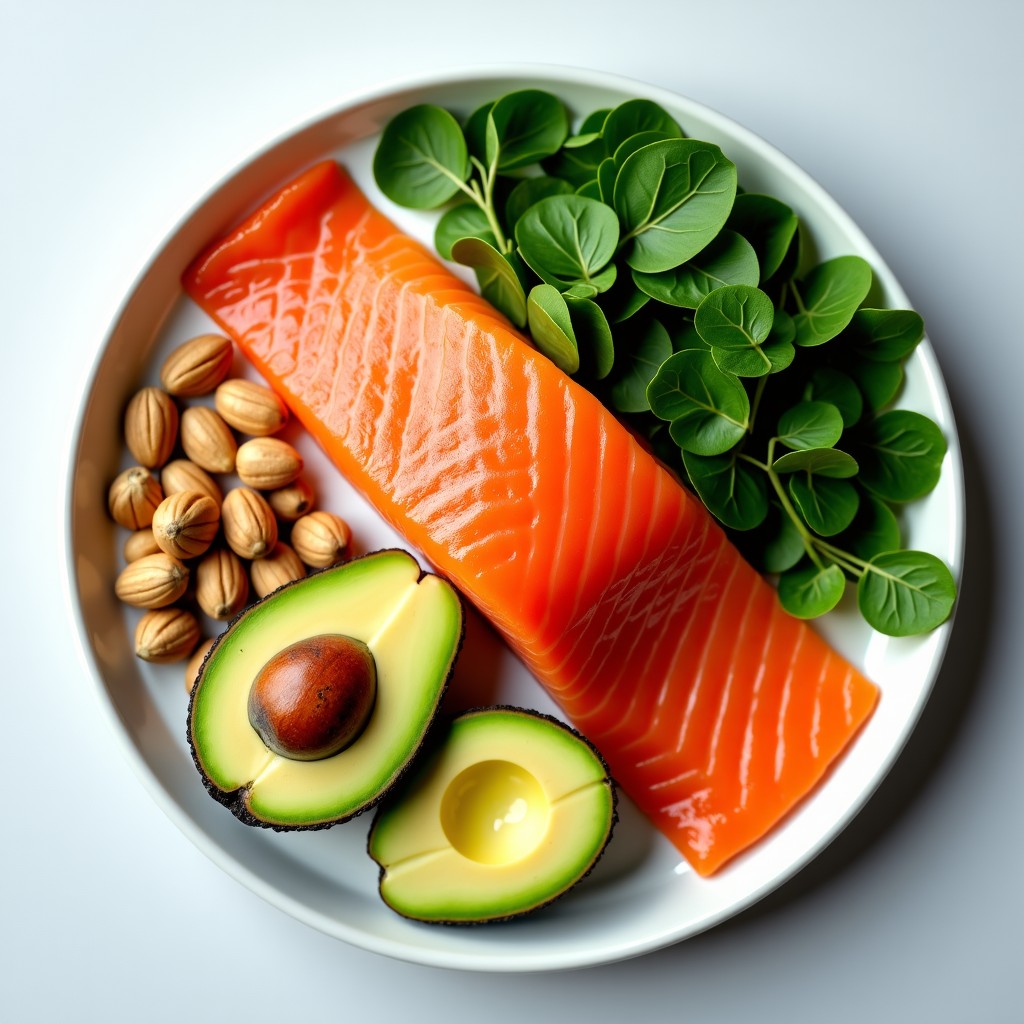 A flat lay of a healthy meal, including fresh salmon, avocado, nuts, and green vegetables, vibrant colors, clean and bright lighting, 1:1