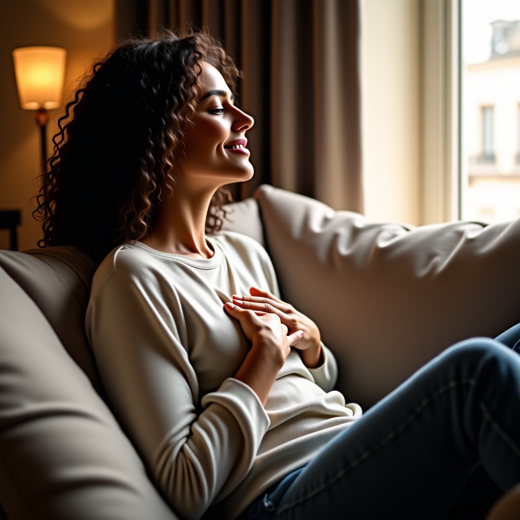 A person sitting on a comfortable sofa, calmly placing a hand over their heart, warm indoor lighting, serene atmosphere, lifestyle photography, 4:3