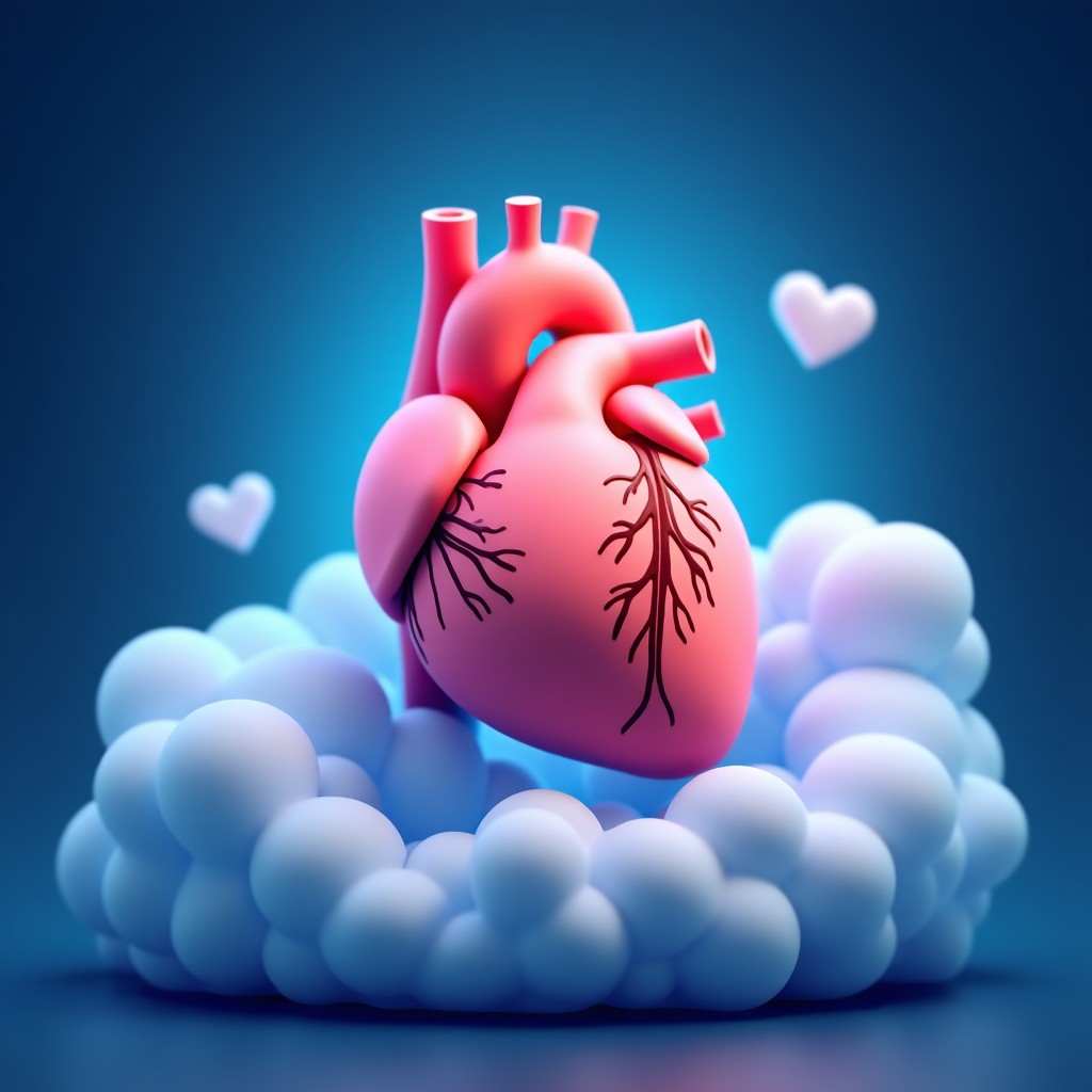 A conceptual illustration of a healthy heart surrounded by soothing blue light and soft clouds, representing cardiovascular health and rest, artistic rendering, no text, 4:3