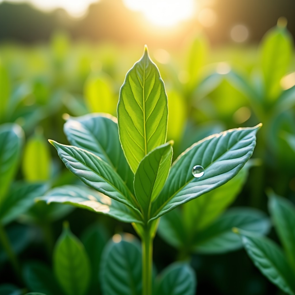 Close up shot of fresh green mugwort leaves with soft morning dew on them, herbal medicine concept, high quality photography, natural sunlight, 4:3