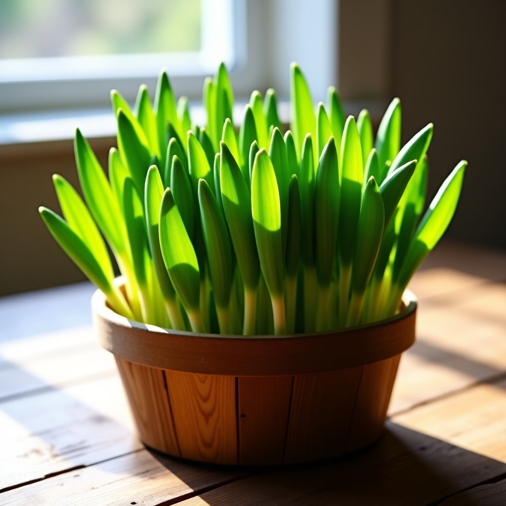 Fresh green daylily sprouts in a rustic wooden basket on a farmhouse table, soft natural spring sunlight, high quality photography, 4:3