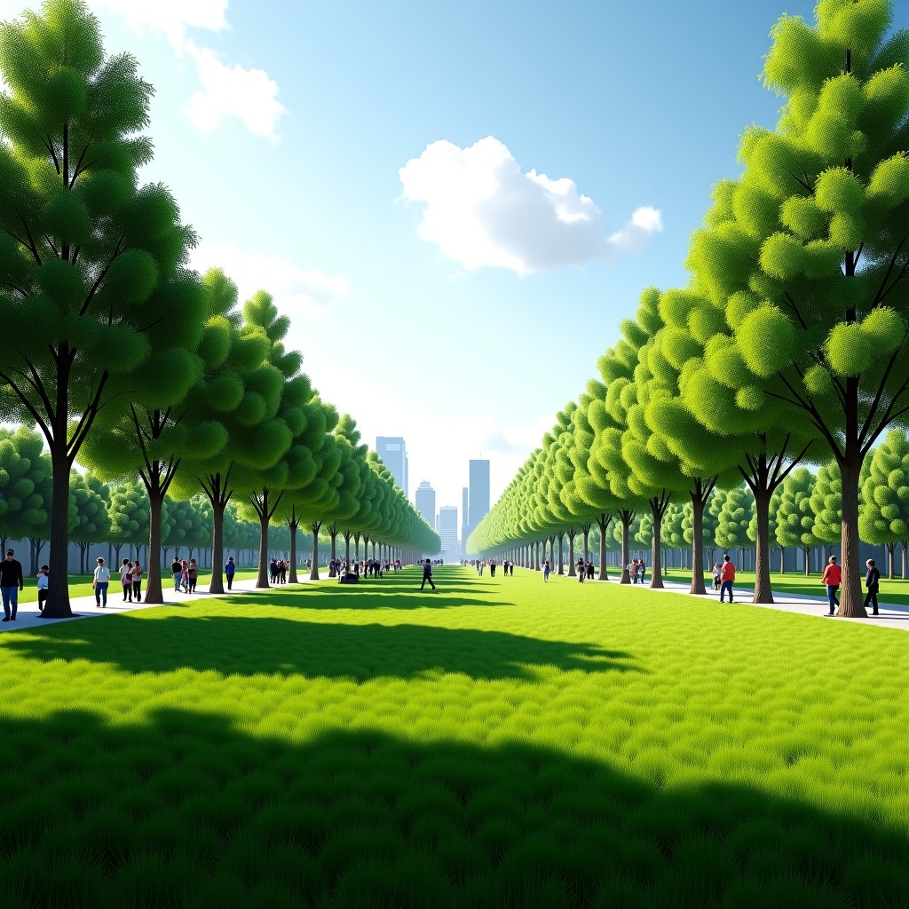 A beautiful public park with lush green grass and trees built over a former landfill site, people walking peacefully, 4:3