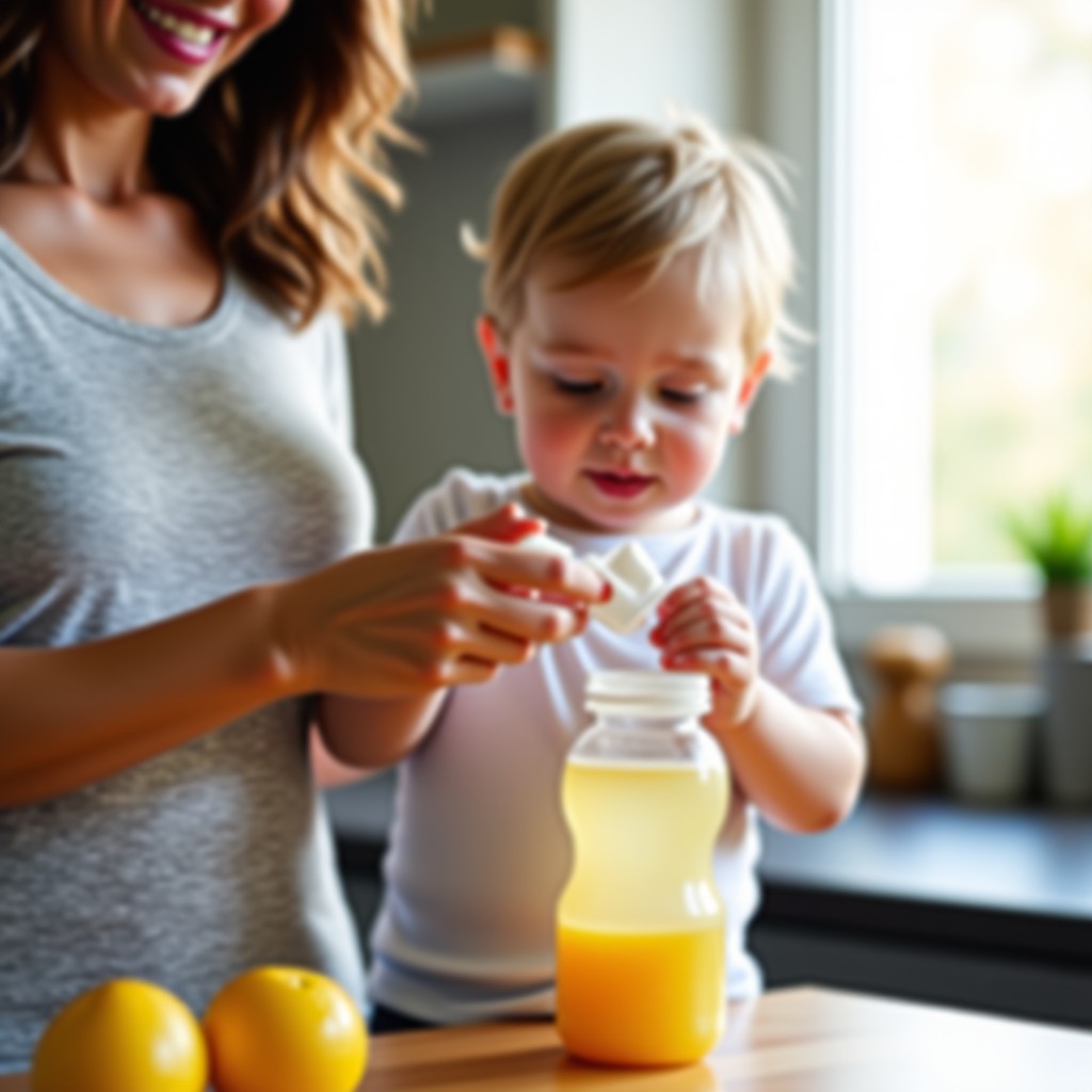 A lifestyle shot showing a person gently shaking a baby bottle to mix formula. The kitchen setting is modern and clean with soft natural lighting. Realistic and warm atmosphere, 4:3