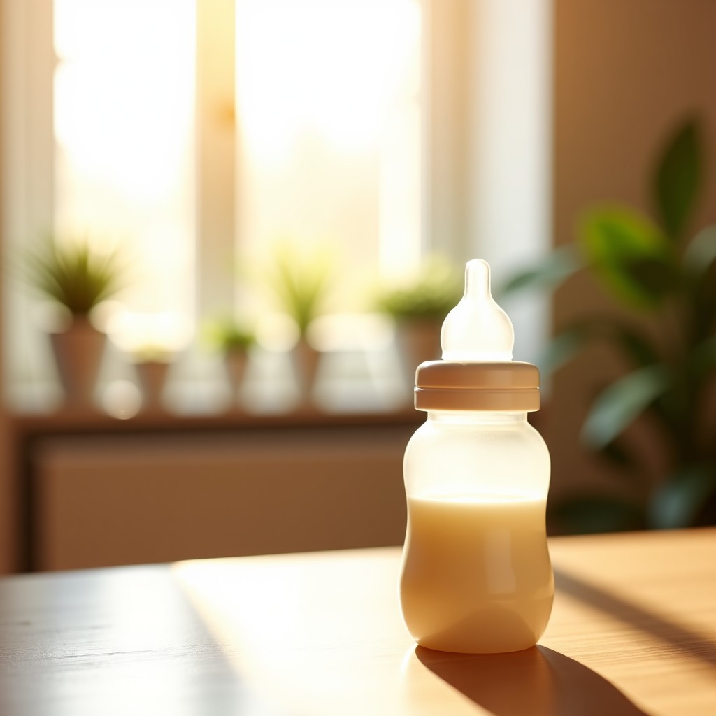 A realistic close-up shot of a baby bottle filled with milk formula, placed on a soft wooden table with warm sunlight streaming through a window. The background is a cozy, blurred nursery setting. High-quality lifestyle photography, 4:3