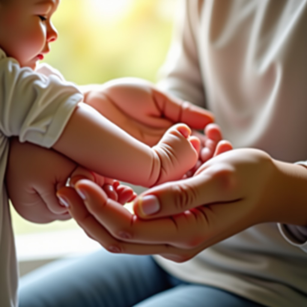 A mother gently applying lotion to a baby soft skin. Only hands and baby legs are visible. Warm and soft sunlight, emotional and calm atmosphere, high quality photography, 4:3