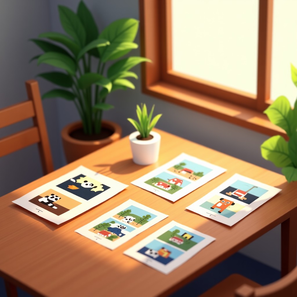 A cozy indoor setting with a wooden table, featuring a colorful paper craft kit for a panda theme. The scene includes various colorful paper sheets with pre-printed illustrations of a panda and room interior. Soft natural lighting from a nearby window. 4:3