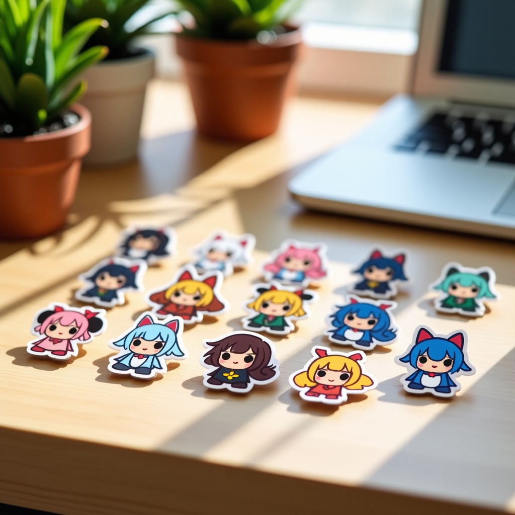 Close up of cute anime character stickers and small acrylic charms with colorful designs on a simple table, natural light, 4:3