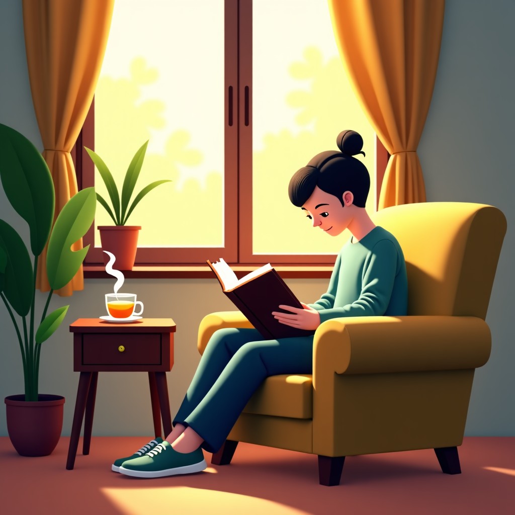 A cozy and modern living room with a person sitting on a comfortable armchair reading a book titled Honmono. Warm sunlight filters through the window, a small wooden side table holds a steaming cup of tea. High quality lifestyle photography. 4:3