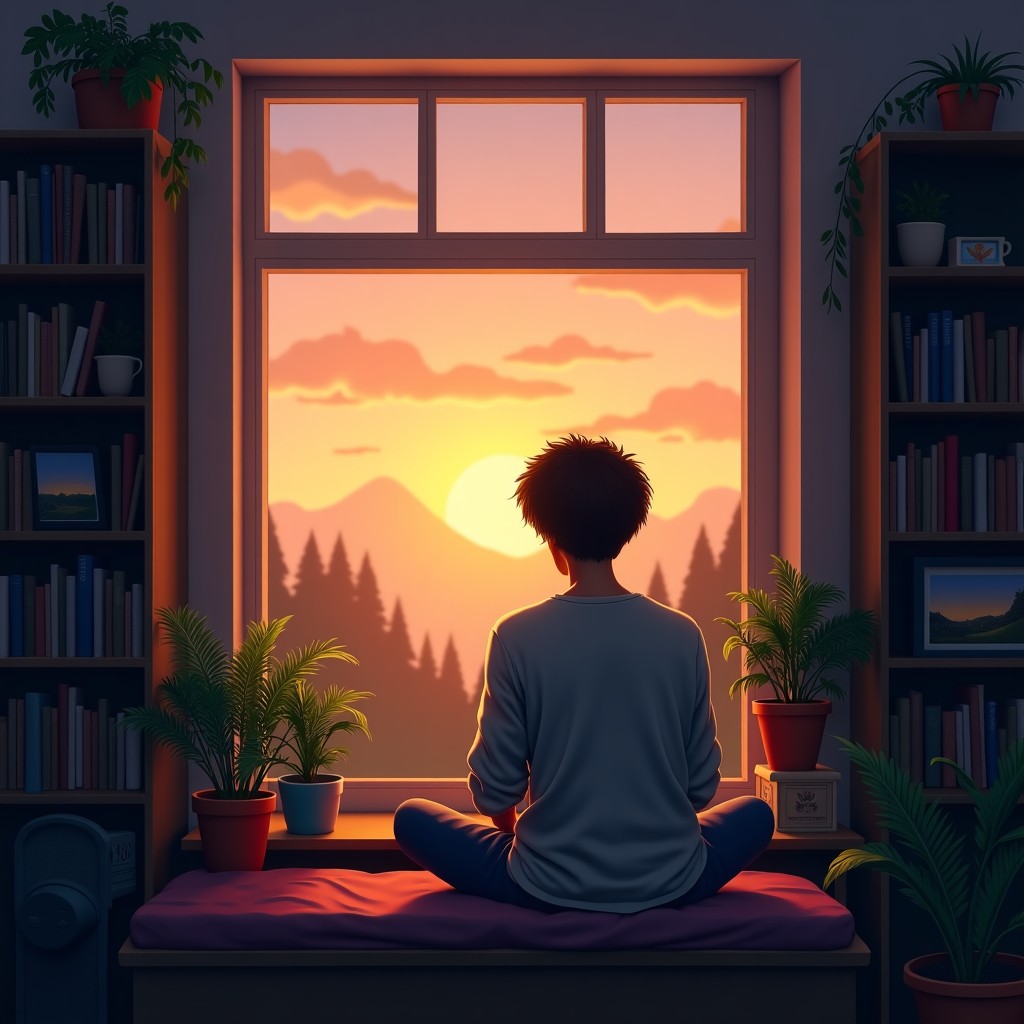 A person sitting on a window seat in a cozy room with many plants and books. Outside the window is a peaceful sunset. The scene is calm and a bit melancholic. Cinematic lighting, 4:3