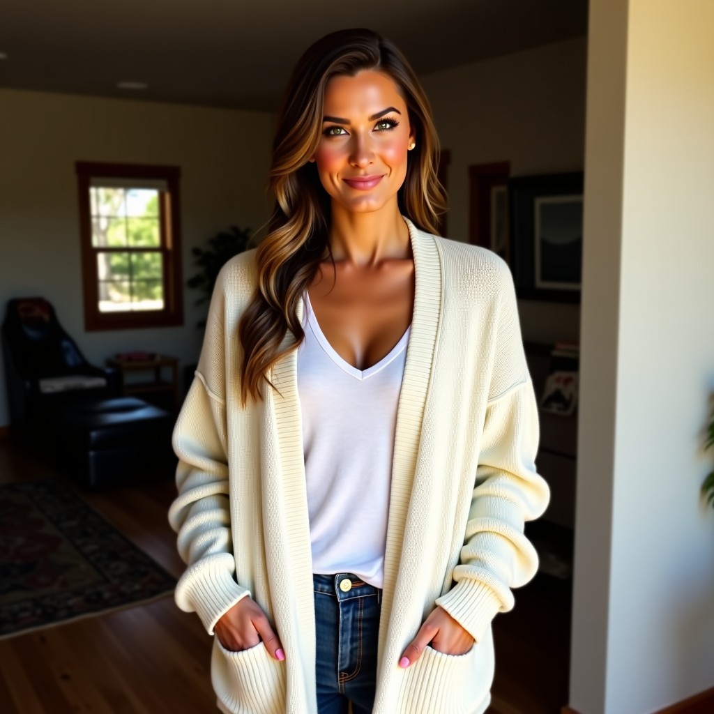A cozy ivory knit cardigan with detailed patterns and a loose fit. Styled with casual pants in a warm indoor setting with soft shadows. 4:3