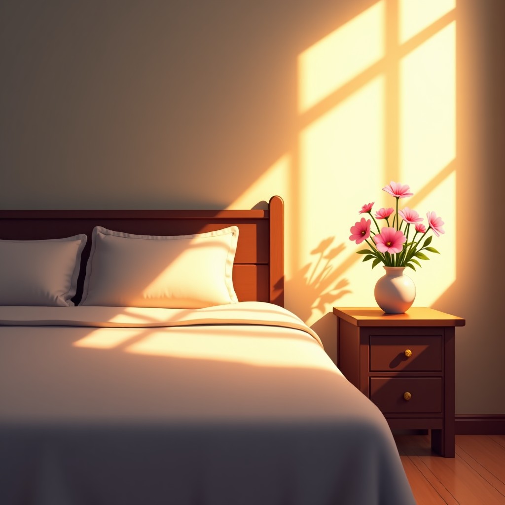 A cozy and peaceful bedroom interior with soft ambient lighting, a small vase of fresh flowers on a wooden bedside table, creating a calm and romantic atmosphere, realistic texture, 4:3