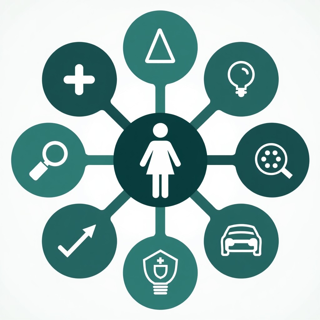 clean informational infographic layout with simple icons representing various categories of child protection, professional teal and grey color palette, visually structured, no text, 4:3