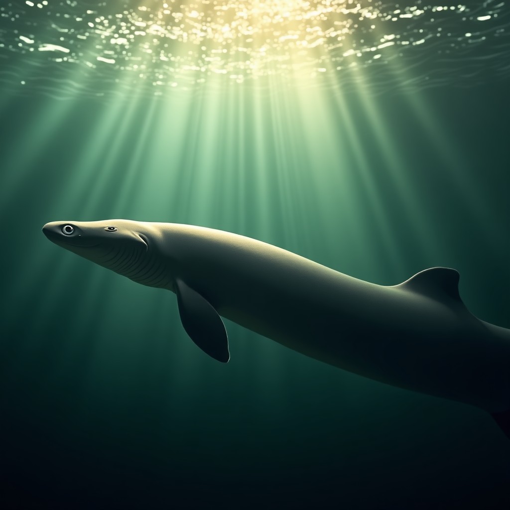 A large electric eel swimming in the murky waters of the Amazon River, sunlight filtering through the water surface, realistic aquatic environment, high resolution, 4:3