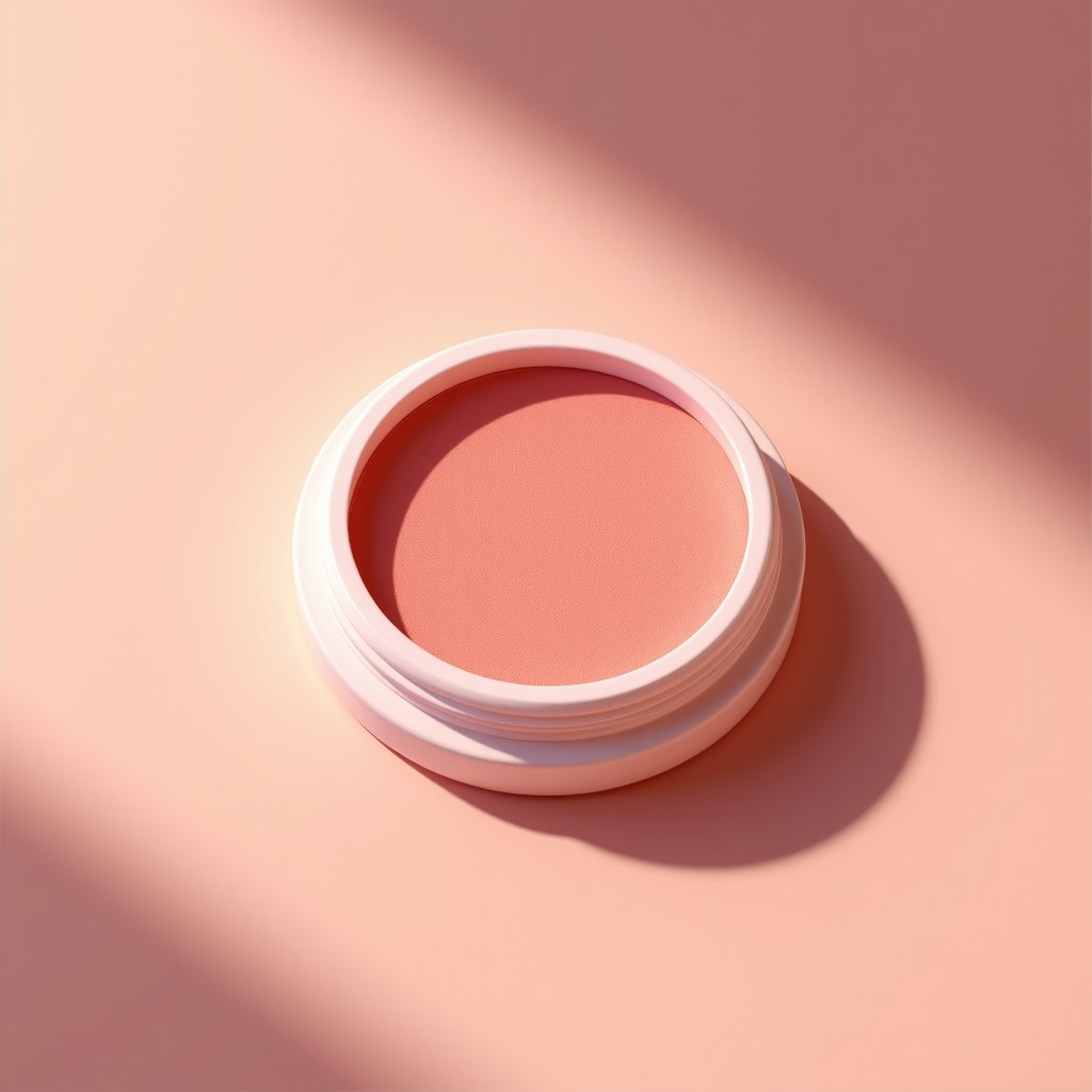 A minimalist round single eyeshadow case with soft coral pink powder visible, elegant and clean lighting, Ameli Ranunculus concept, 1:1