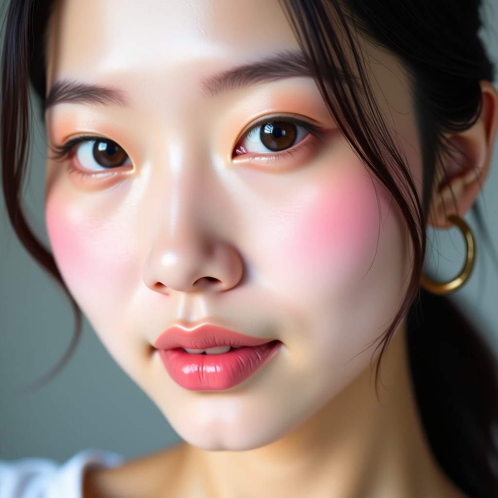 Close up of a beautiful Korean woman with translucent pink eye makeup and soft blush, radiant skin, natural daylight, 4:3