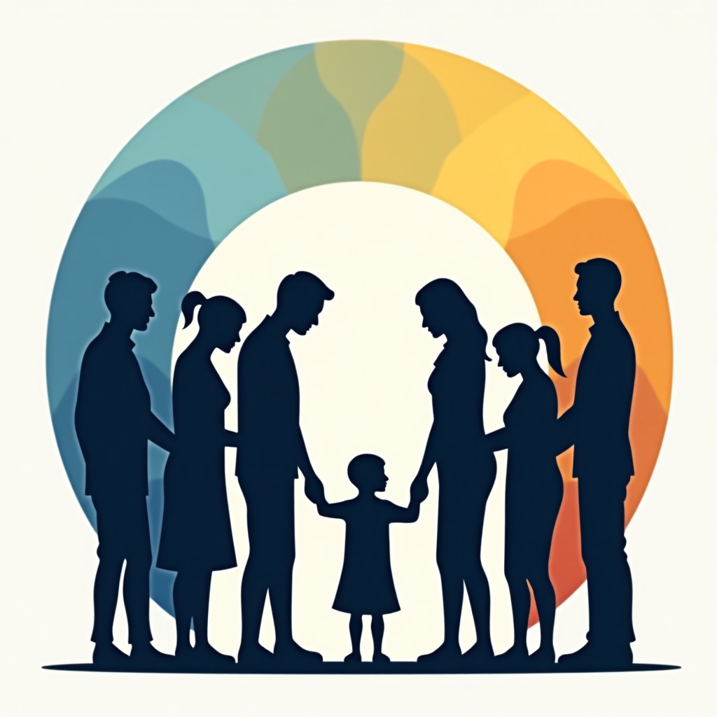 a symbolic illustration of diverse caring adults forming a protective circle around a small child silhouette, soft blue and warm yellow gradient background, modern flat design, no text, 4:3