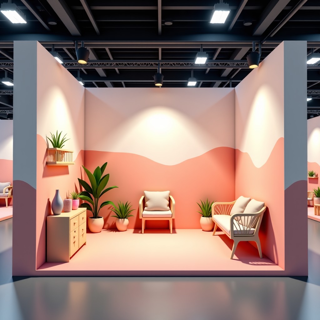 Dreamy and artistic exhibition booth for premium kids furniture, pastel tones, imaginative decorations like paper ships and trains, soft lighting, cozy and magical atmosphere, 1:1