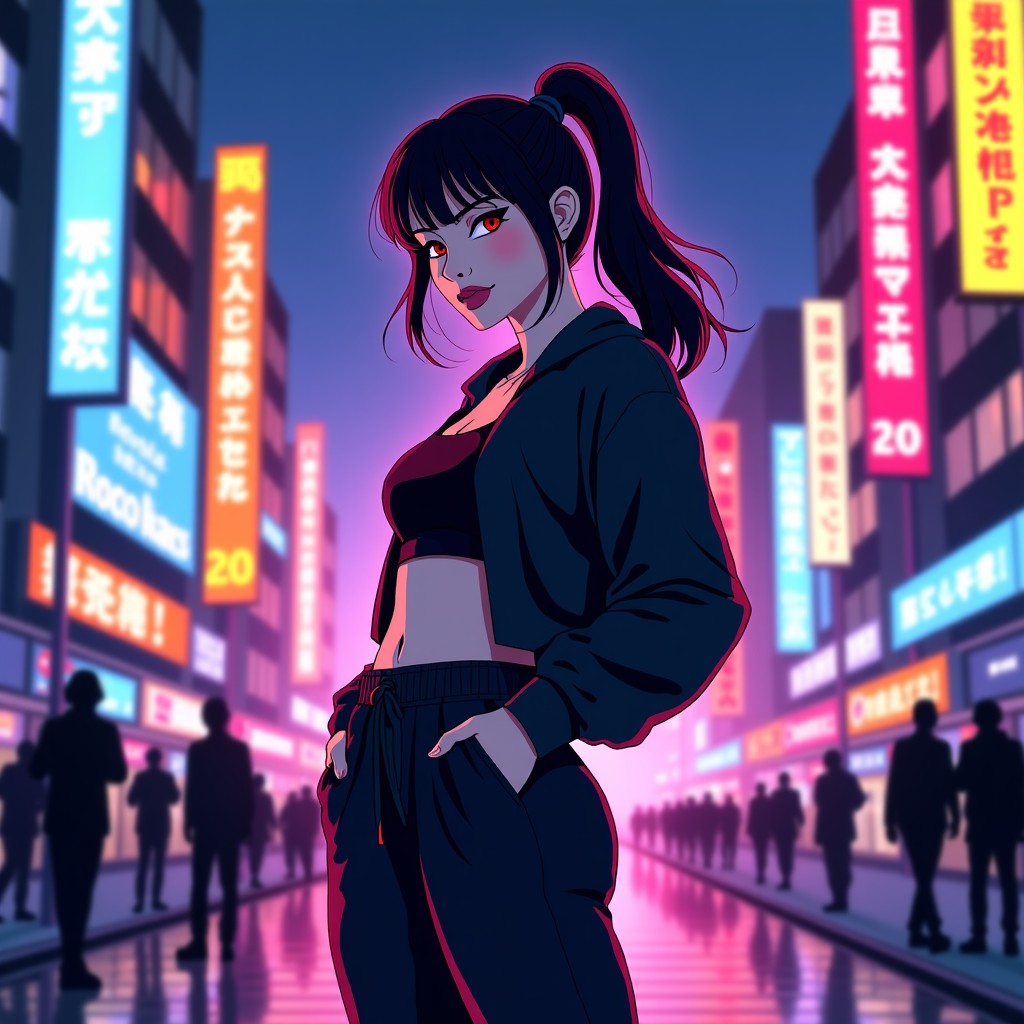 A high-energy K-pop concept illustration featuring explosive colors, urban street style, and a confident female silhouette against a vibrant city background at night. The atmosphere is aggressive and trendy. 1:1