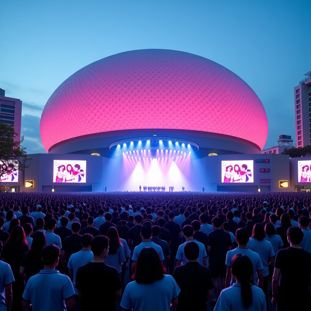A wide shot of the KSPO DOME in Seoul with many fans gathered outside for a K-pop concert. The atmosphere is vibrant with concert banners and people. High quality photography, daylight, 1:1