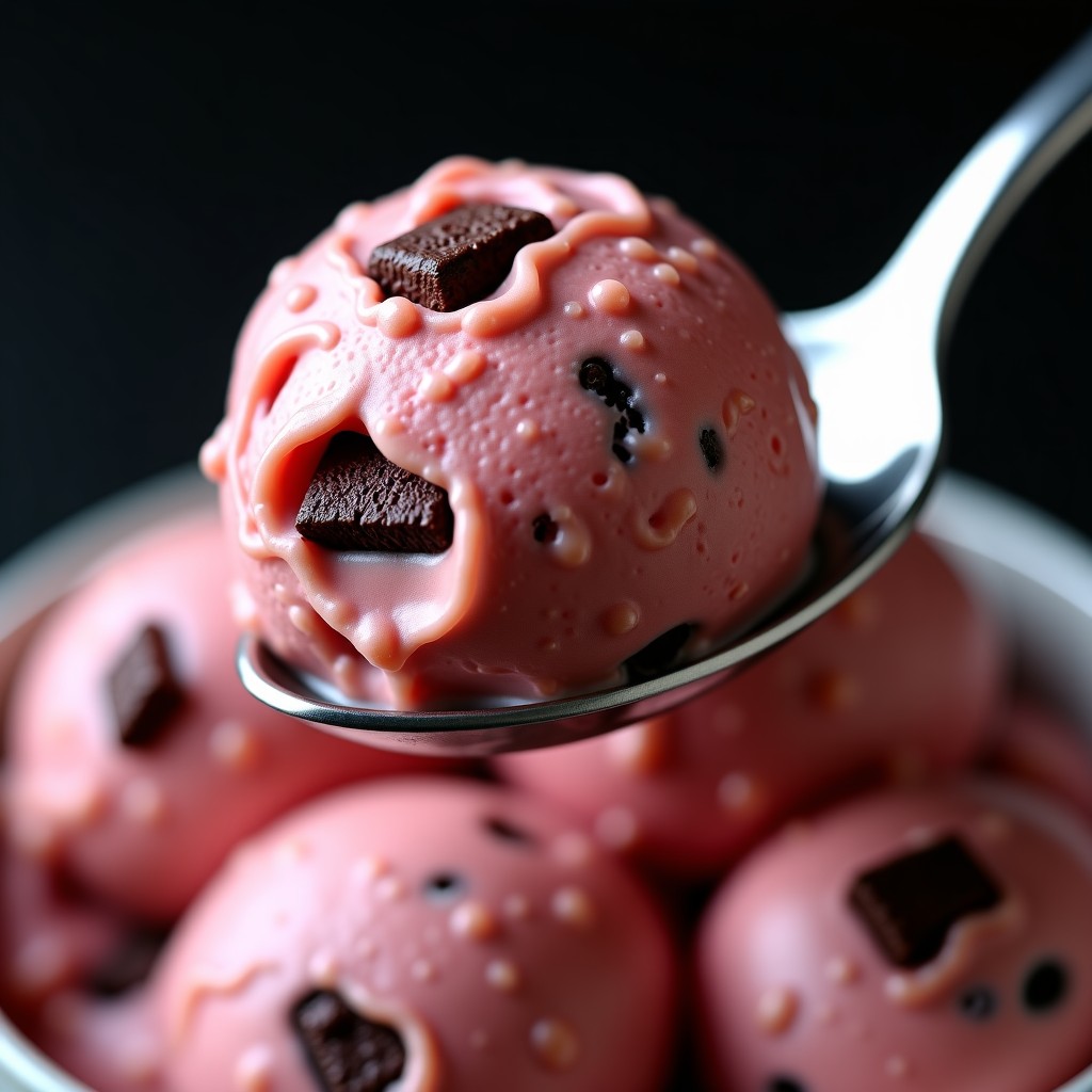 A detailed close-up shot of a silver spoon scooping a swirl of pink and brown ice cream. Pieces of fudgy brownie are embedded in the scoop. High contrast and appetizing look. 1:1