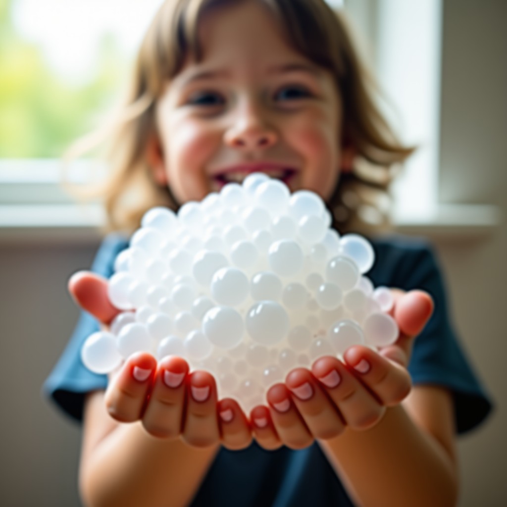 Close-up of a child small hands holding a large mound of white fluffy soap bubbles. Soft natural sunlight coming through a window. High resolution lifestyle photography. 1:1