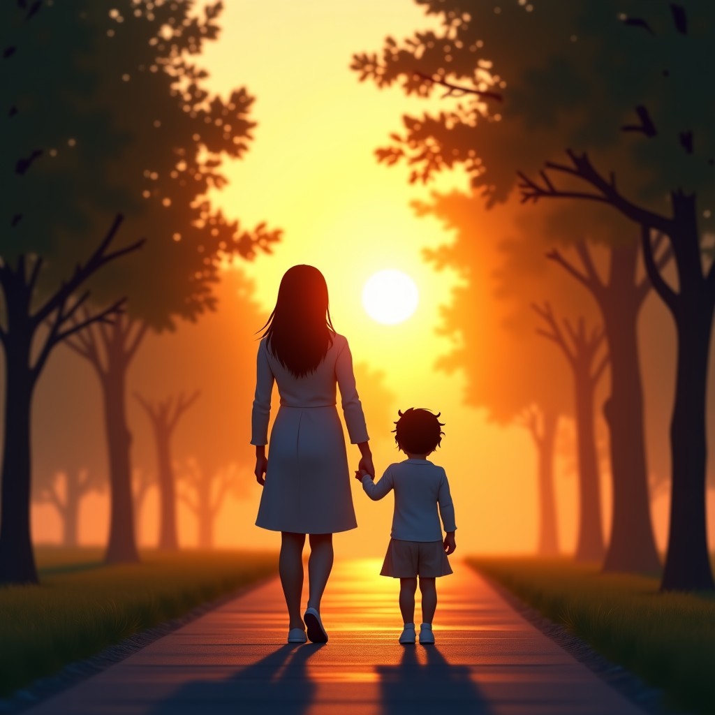 A silhouette of a Korean mother holding her young daughter's hand, walking on a peaceful park path during sunset, warm golden hour lighting, cinematic atmosphere. 4:3