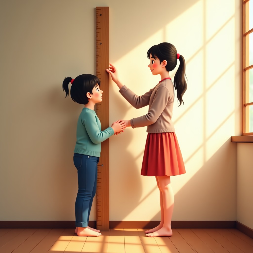 A Korean mother measuring her young daughter's height against a wall with a wooden ruler. Warm indoor lighting, domestic setting, natural morning sunlight through a window. High resolution, lifestyle photography. 4:3