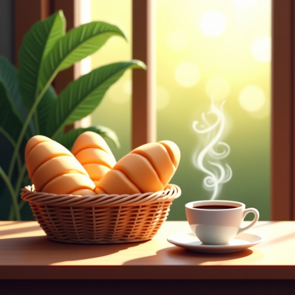 A peaceful morning scene with a basket of sliced ciabatta and a cup of steaming black coffee on a wooden table near a window. Soft morning sunlight filtering through, cozy and serene mood, 4:3.