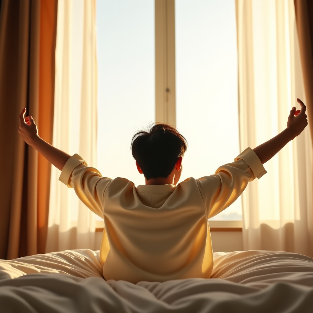 A Korean person stretching in bed with bright morning sunlight coming through the window, fresh and energetic atmosphere, high quality photography, no text, 4:3