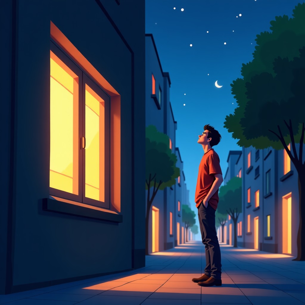 A man standing outside an apartment building looking up at a window at night, warm street lights, romantic city vibe, realistic illustration. 4:3