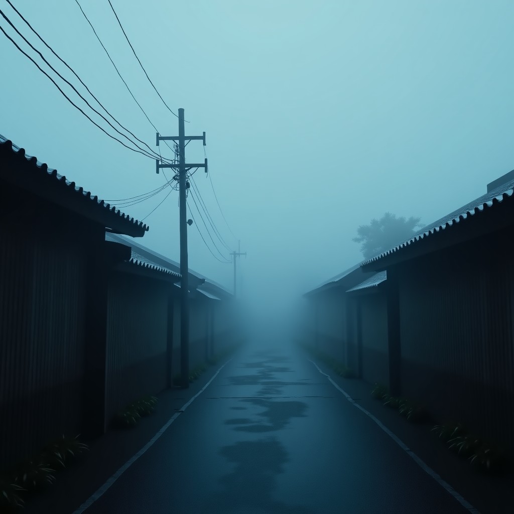 A cinematic wide shot of a traditional Korean village at dawn covered in thick heavy mist, eerie and mysterious atmosphere, dark moody lighting, realistic photography, no text. 4:3