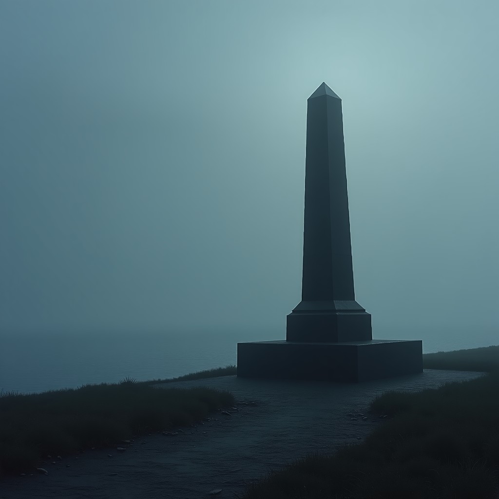 A lonely stone monument standing on a misty coastline. Dark gray sky and cold sea in the background. Atmospheric and melancholic composition, realistic lighting. 4:3